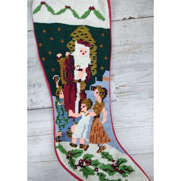 Vintage Needlepoint Christmas Stocking Old World Santa And Children Handmade - Picture 3 of 7